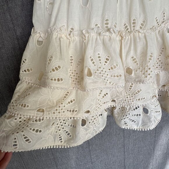 Just Me Beige Cotton Embroidered Short Bell Sleeve Ruffle Tier Mini Dress Size L - Picture 8 of 13